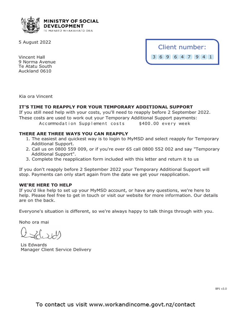 Client Number:: To Contact Us Visit WWW - Workandincome.govt - Nz 