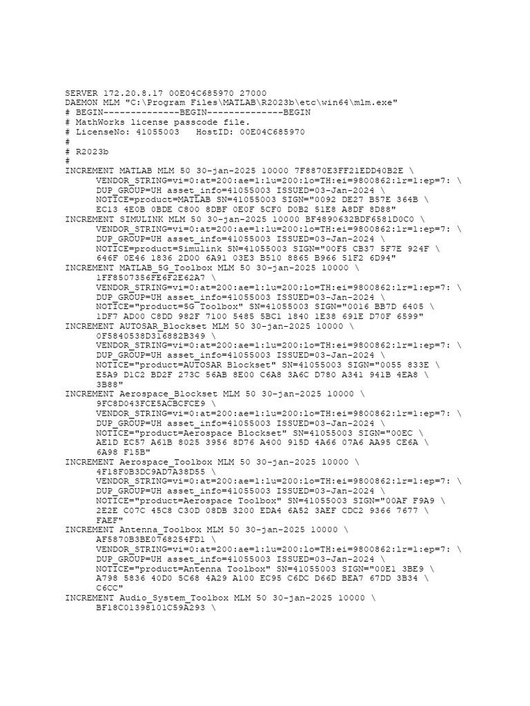 MATLAB License Configuration for 172.20.8 | PDF | Matlab | Computing