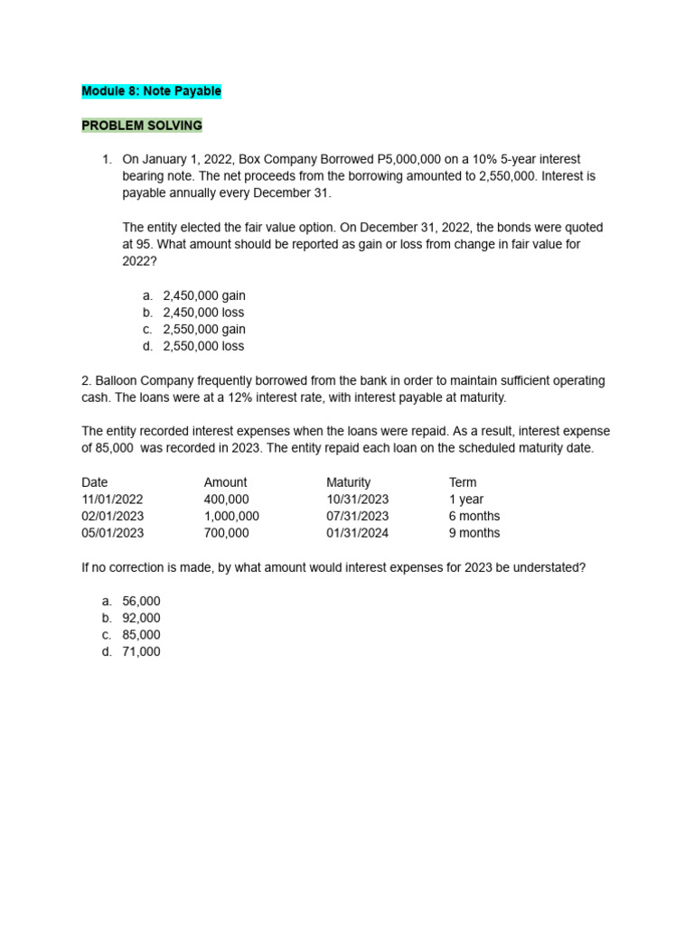 Note Payable Accounting Problems and Solutions | PDF | Interest ...