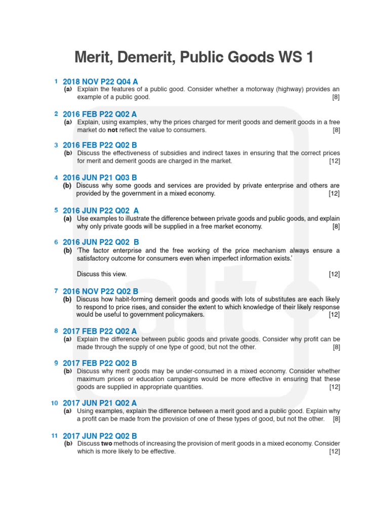P2 Merit Demerit Public Goods Worksheet 1 | PDF | Demand | Deflation