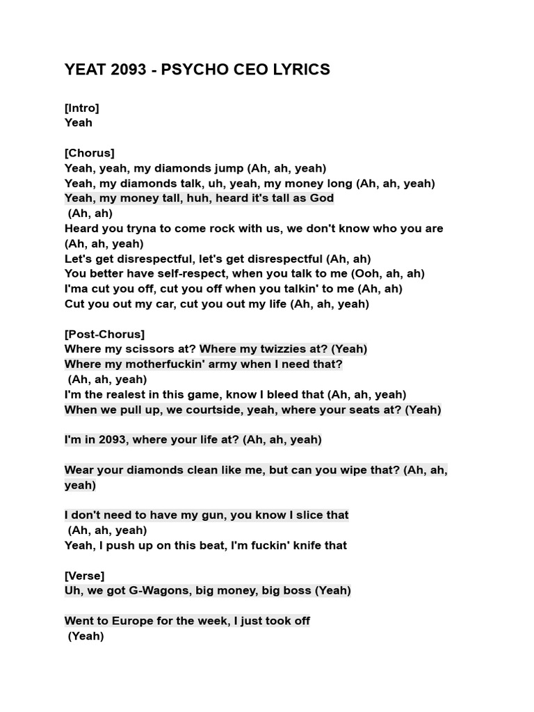 yeat-psycho-ceo-lyrics-pdf-songs-popular-music