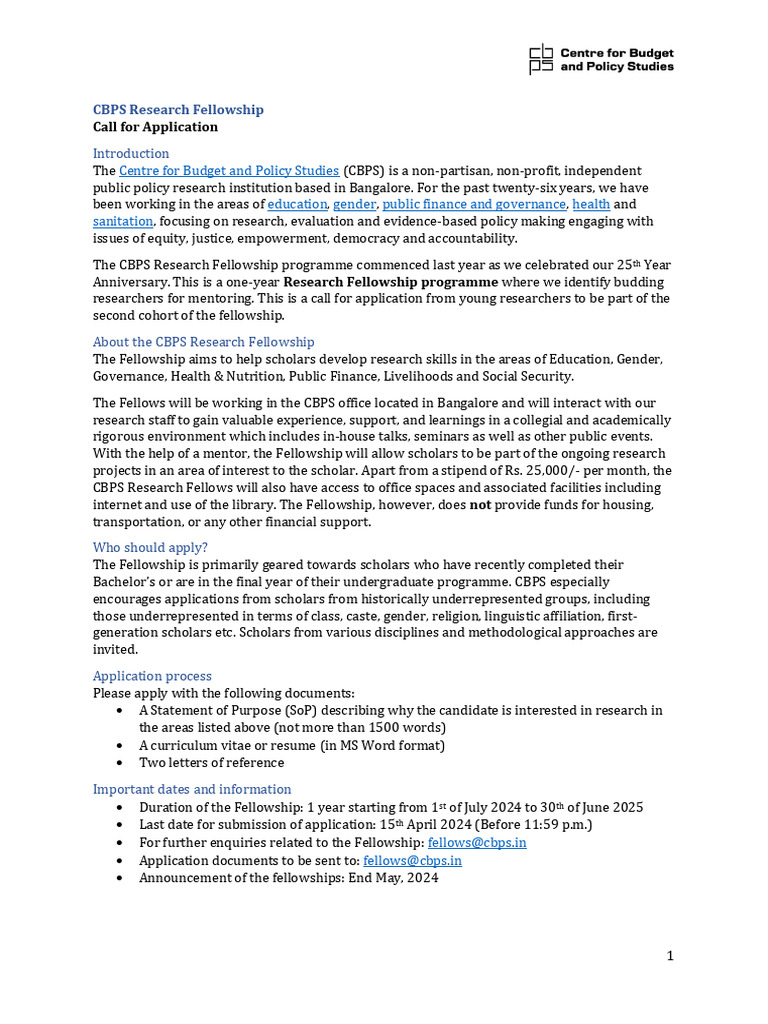 CBPS Research Fellowship Application 2024 | PDF | Governance