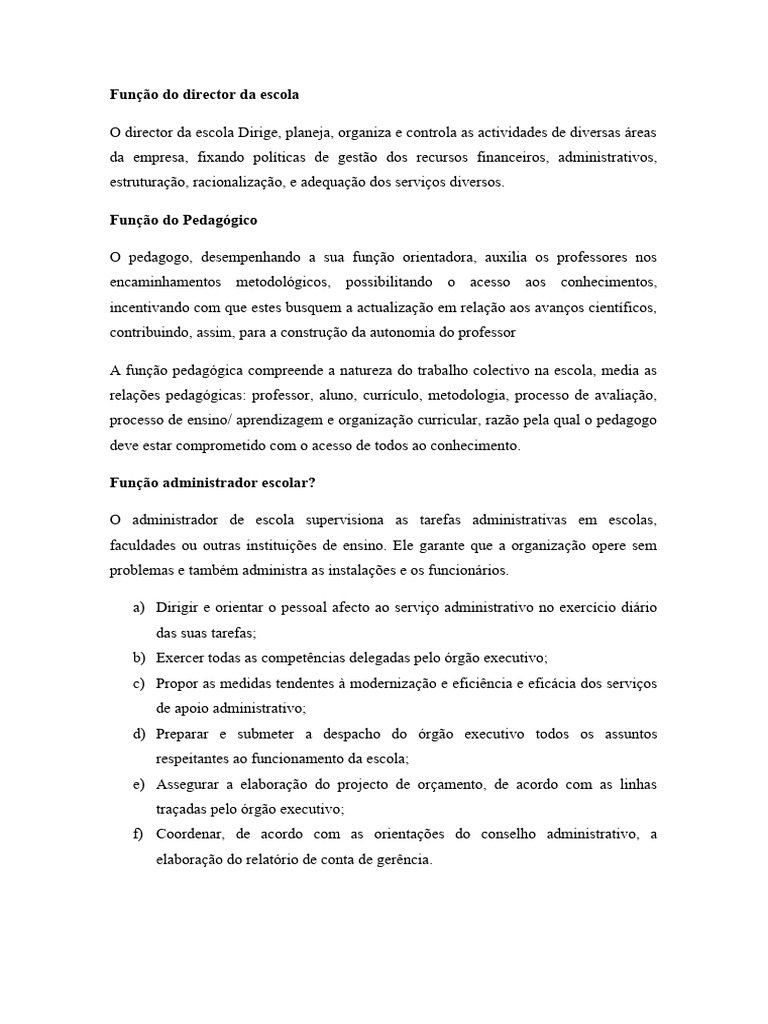 Funções do Diretor Escolar e Pedagógico | PDF | Pedagogia | Escolas