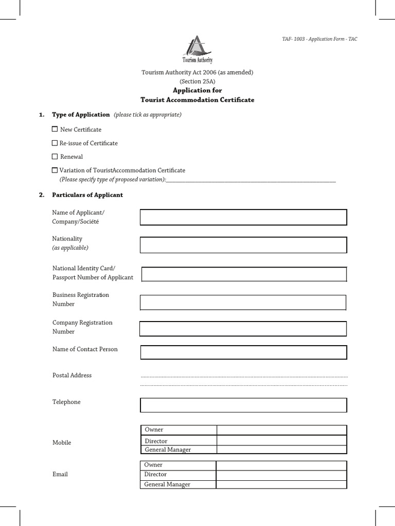 TAC Application Form for Hotels | PDF | Tourism | Hotel