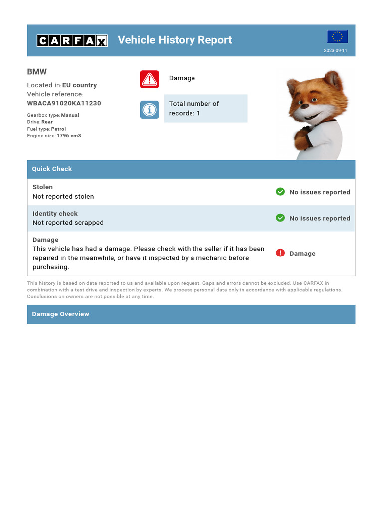 BMW Damage History Report | PDF | Fuel Economy In Automobiles | Vehicles