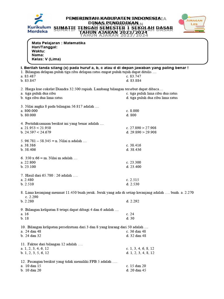 Soal Matematika Kelas 5 Kurikulum Merdeka | PDF
