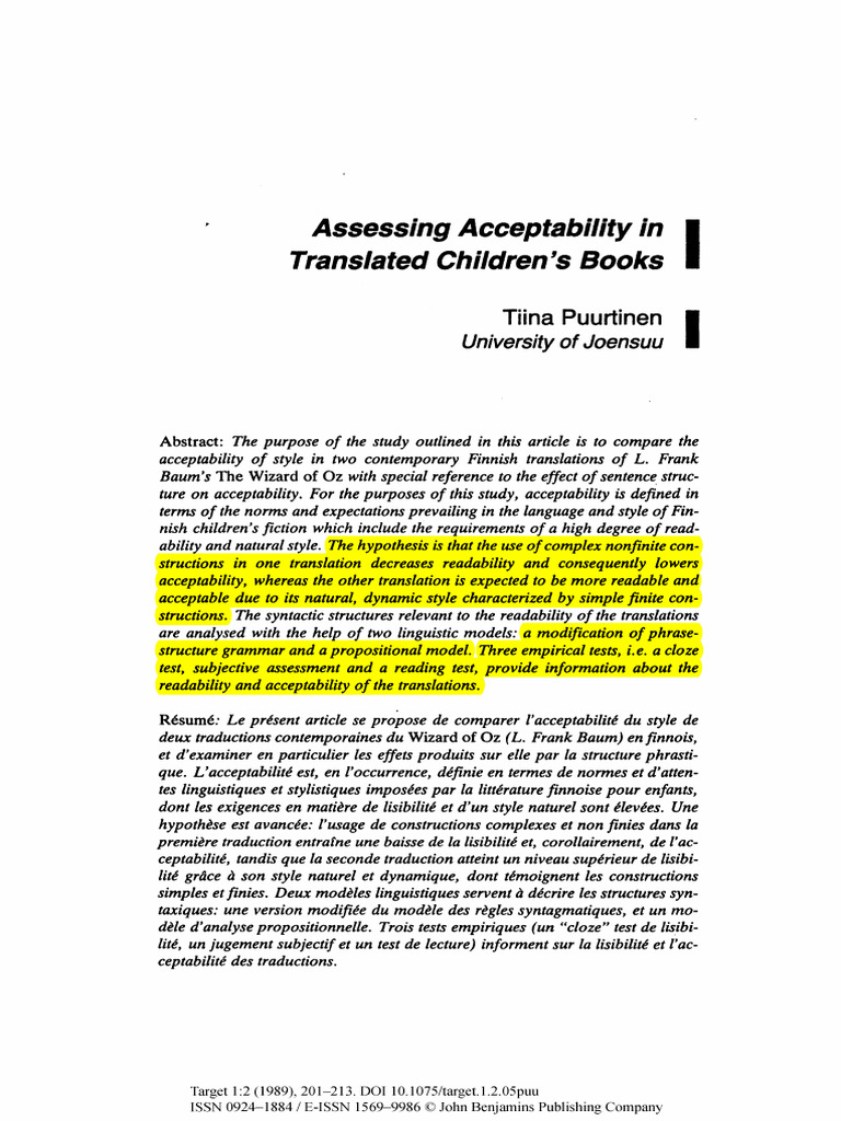 J 1989 J Acceptability in Translated Children's Books Puurtinen | PDF