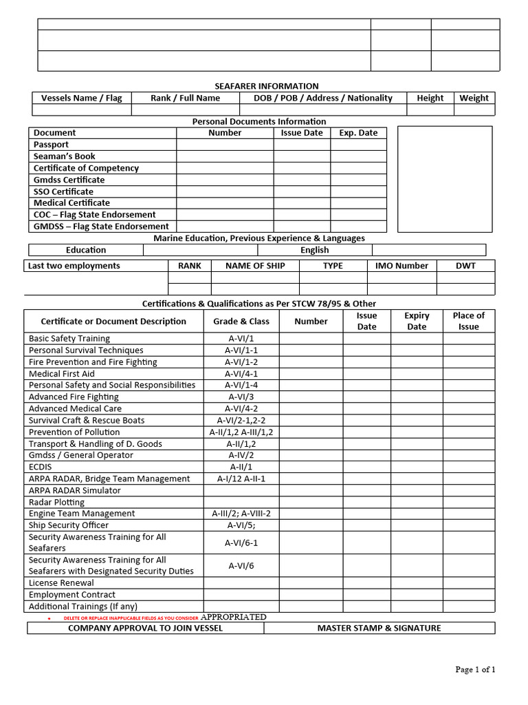M-02 - Crew Qualifications Record | PDF | Sailor | Water Transport