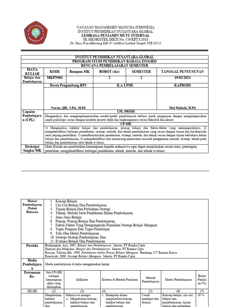 Rps Belajar Pembelajaran Pdf