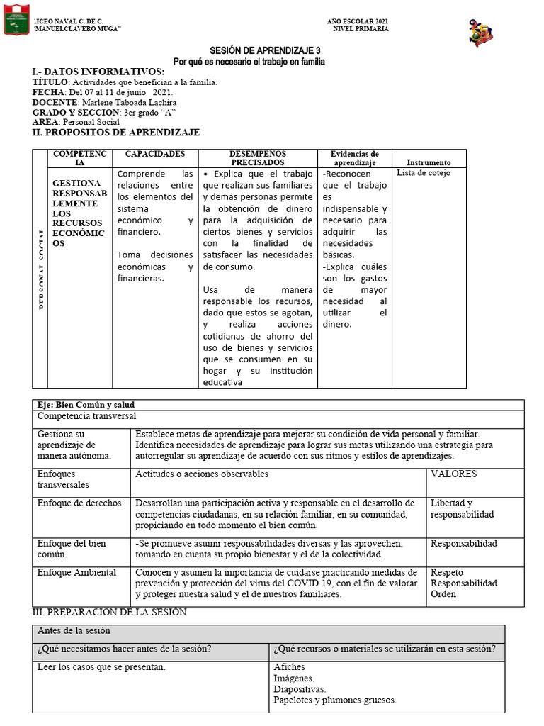 Sesion 3 Personal Social - II BImestre 2021 | PDF | Aprendizaje | Dinero