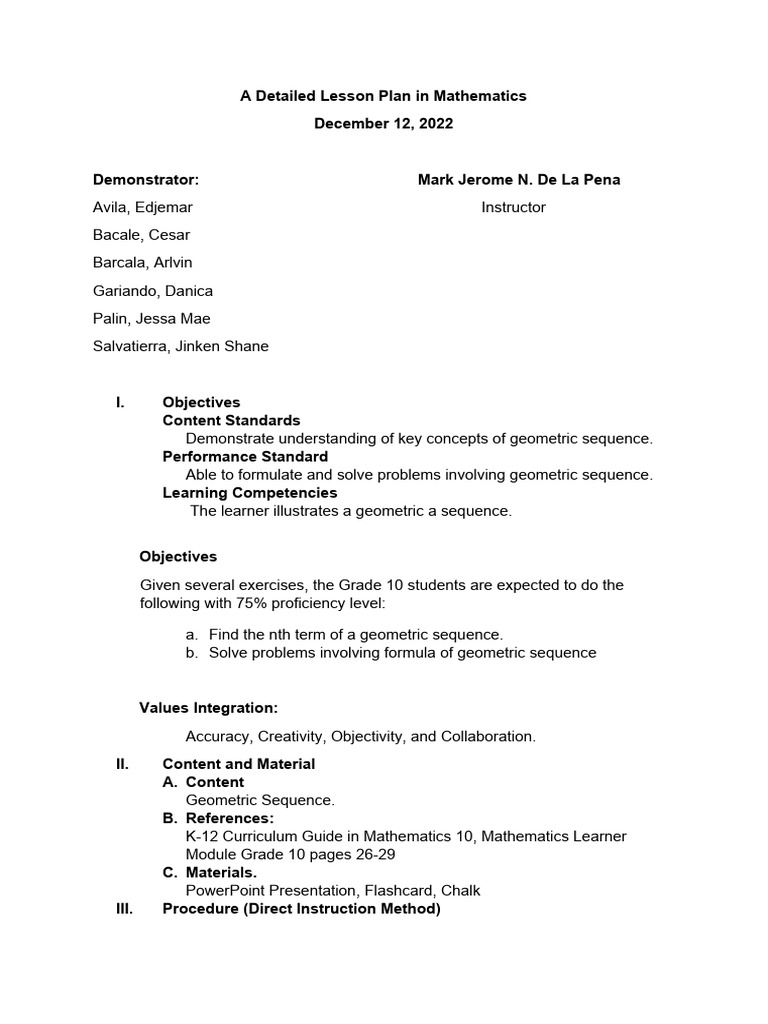 Grade 10 Geometric Sequence Lesson Plan | PDF | Equations | Learning