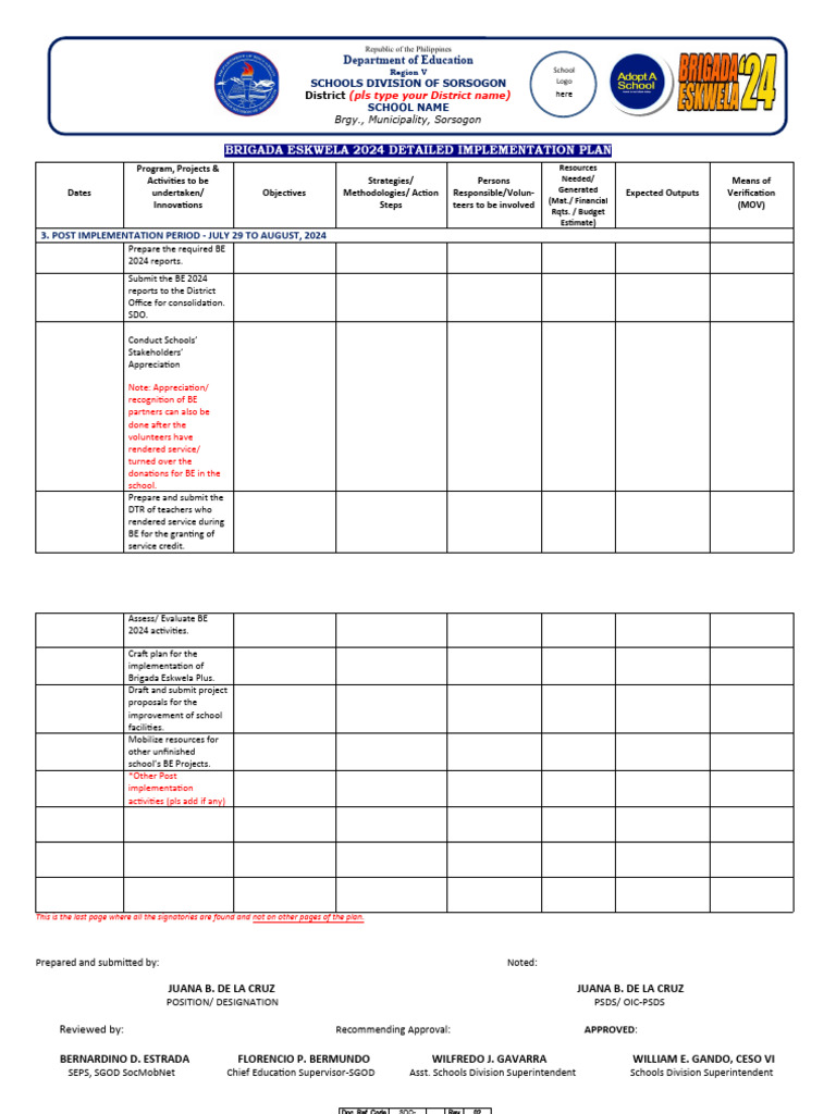 Brigada Eskwela 2024 Implementation Plan | PDF