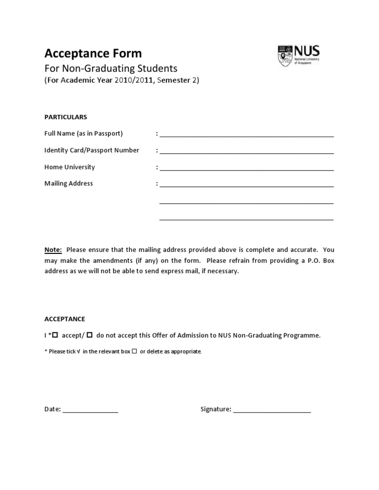 NUS Non-Graduating Students Acceptance Form | PDF | Career & Growth ...