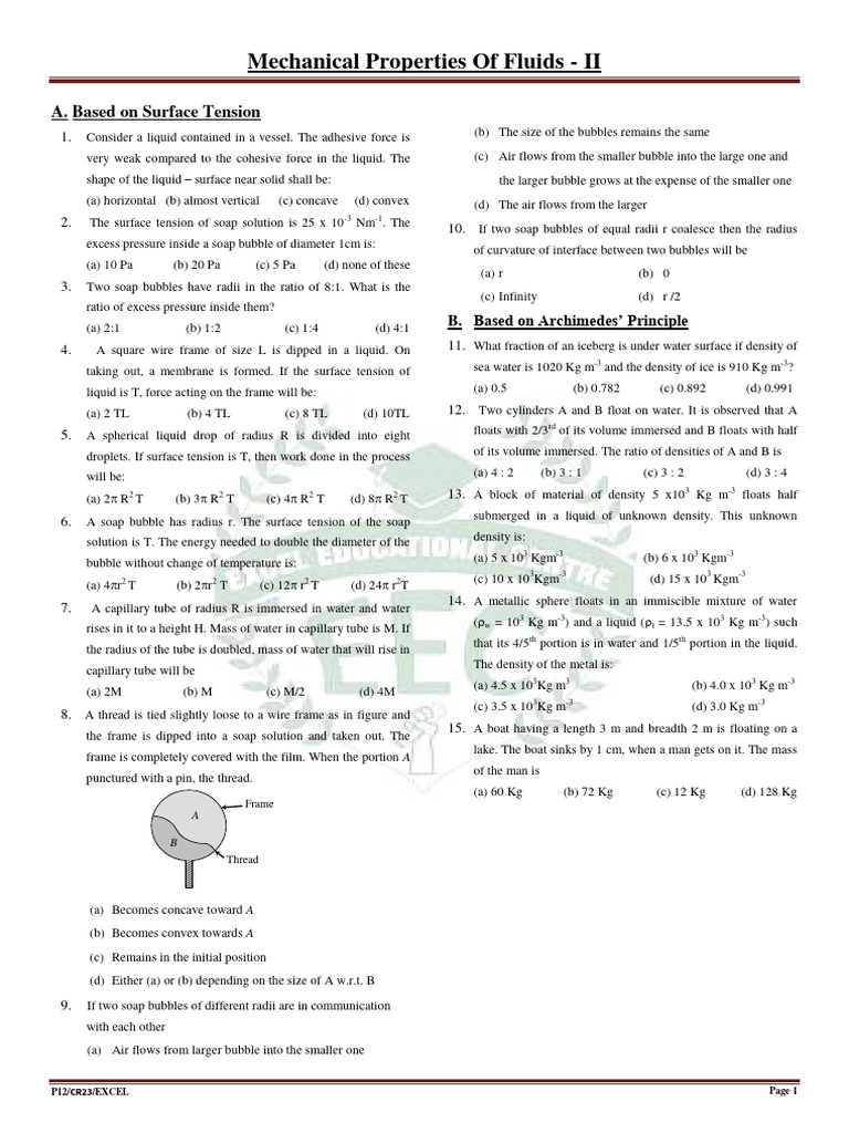Mechanical Properties of Fluids - II: A. Based On Surface Tension | PDF ...
