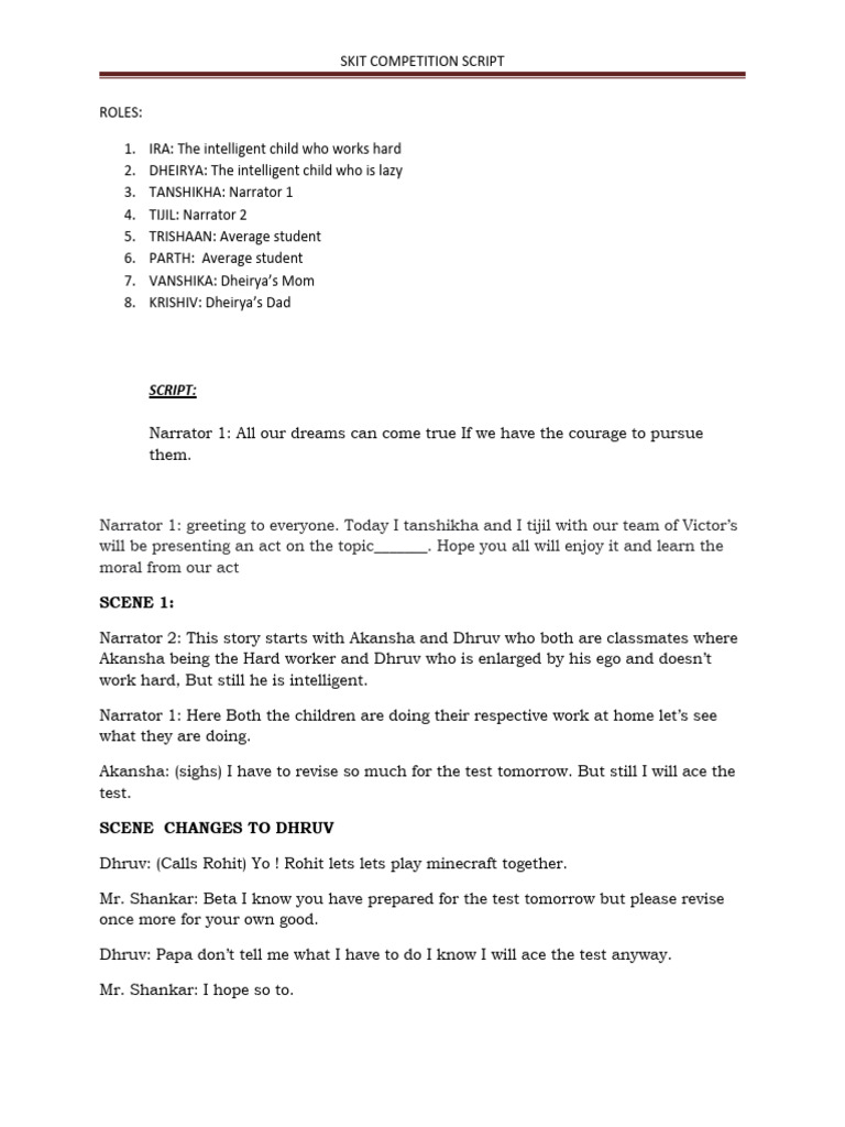 Skit Competition Script: Hard Work vs. Laziness | PDF
