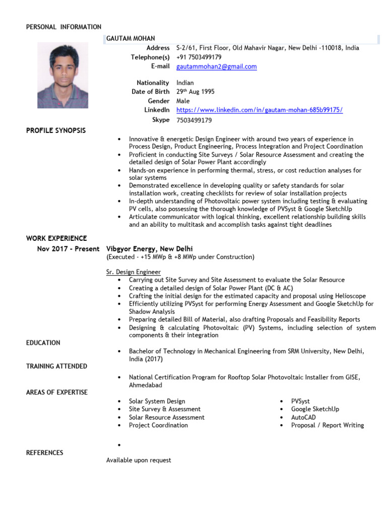 Gautam+mohan+cv+ (2) + | PDF | Photovoltaics | Solar Power