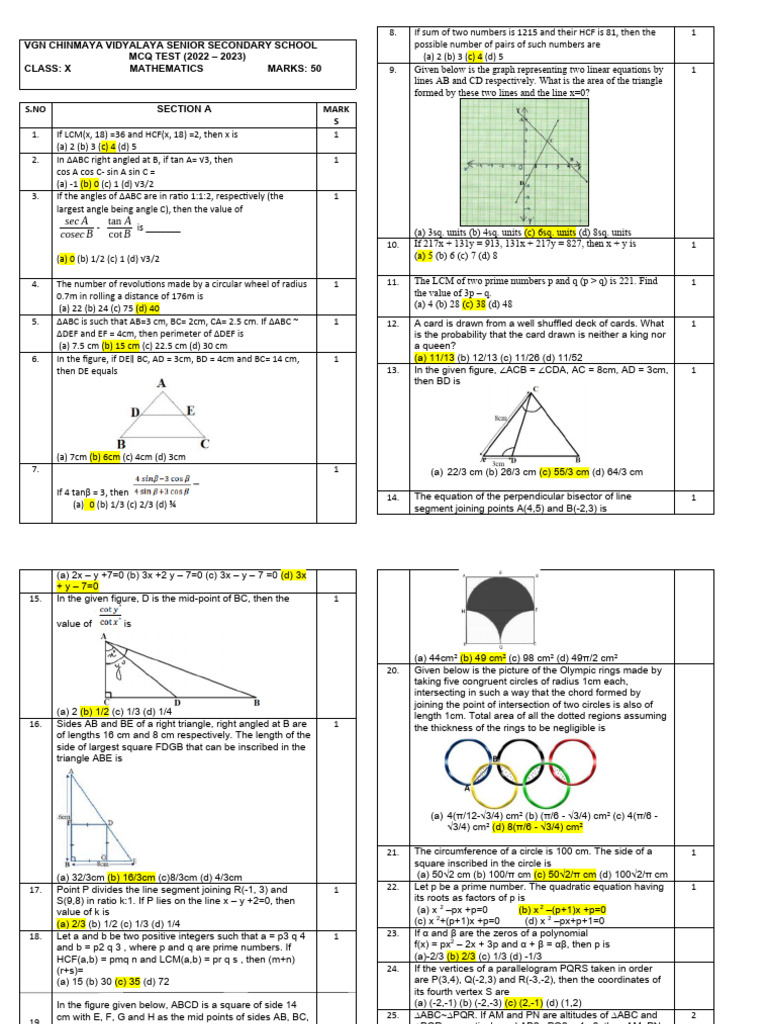 Class X Mathematics MCQ Test 2022-23 | PDF | Circle | Triangle