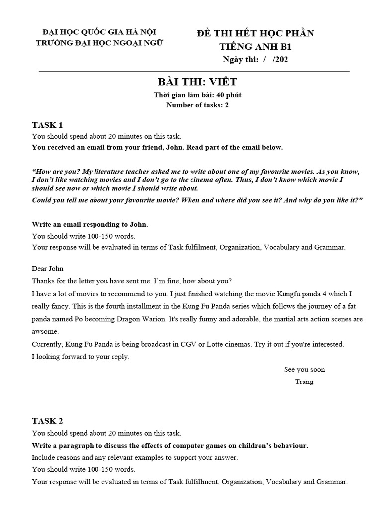 B1 - Final Test - Writting Mock Test | PDF