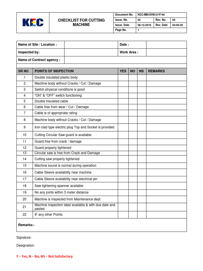 Cutting Machine Safety Checklist | PDF