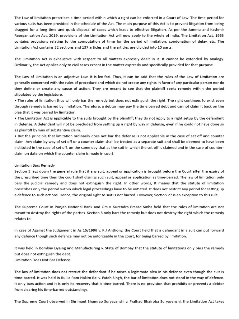 The Law of Limitation PDF Lawsuit Statute Of Limitations