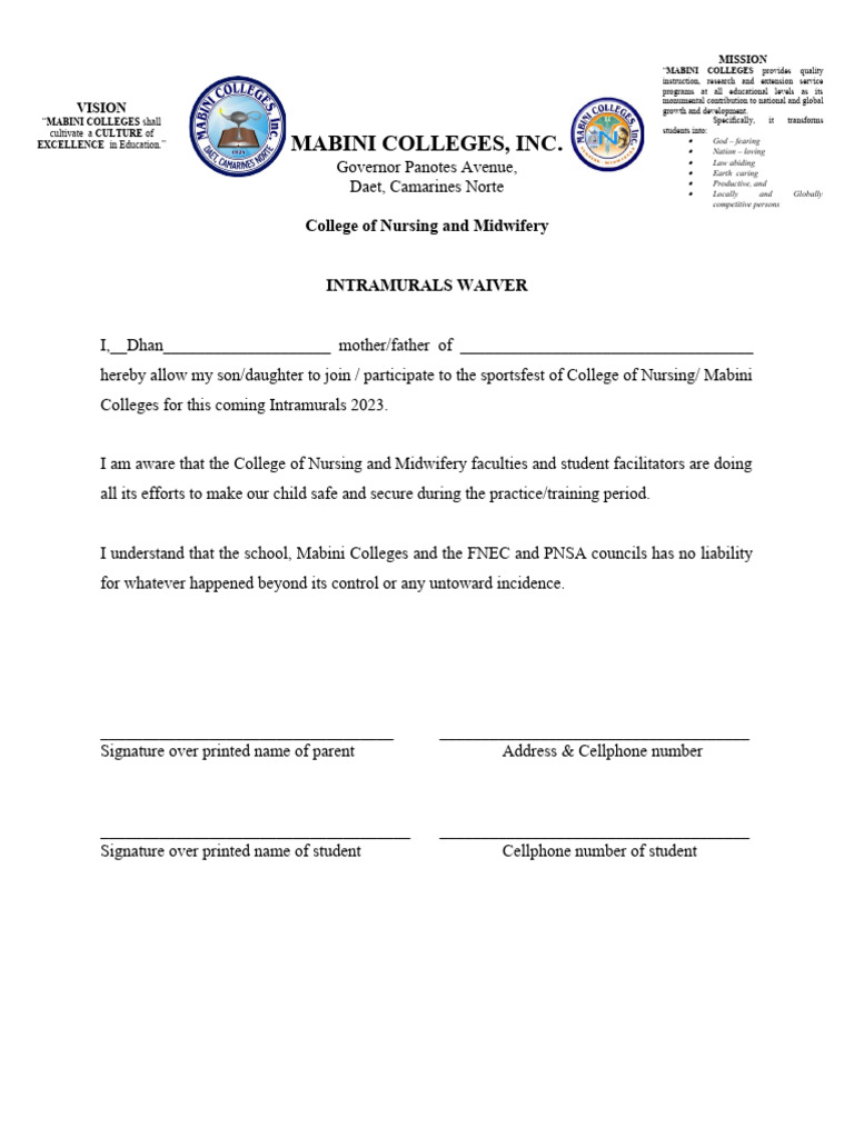 Intramurals Waiver for Mabini Colleges | PDF | Health Care
