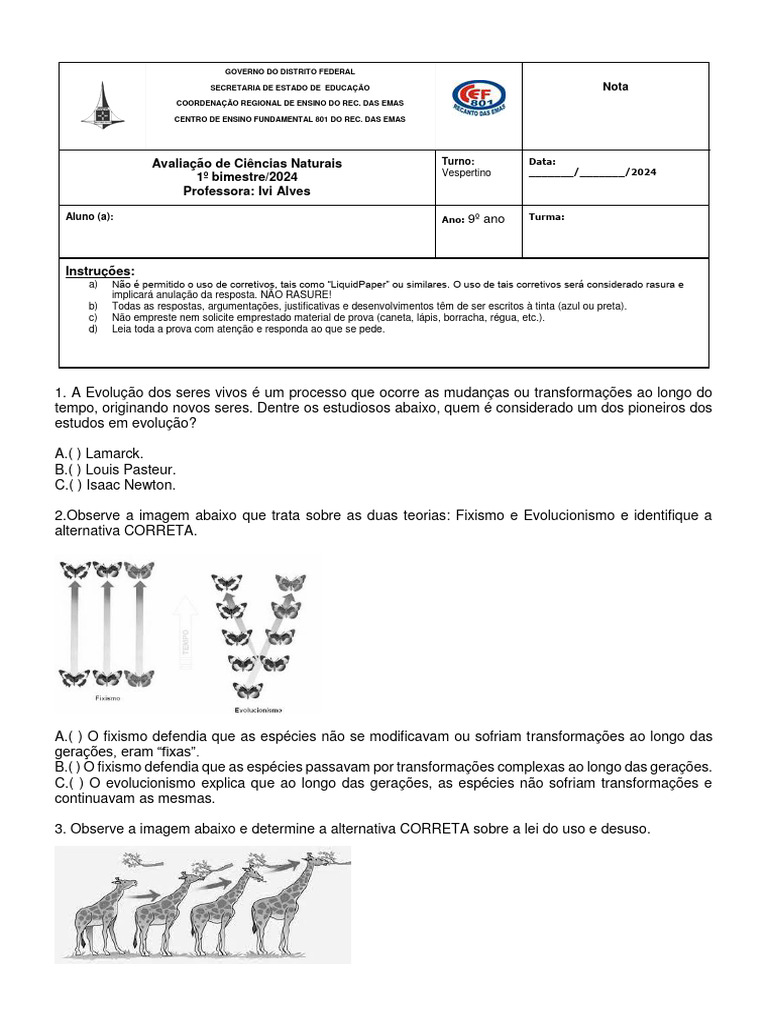 Avaliação ADAPTADA 1°bim - 9°ANO - Ciências Naturais | PDF | Evolução ...