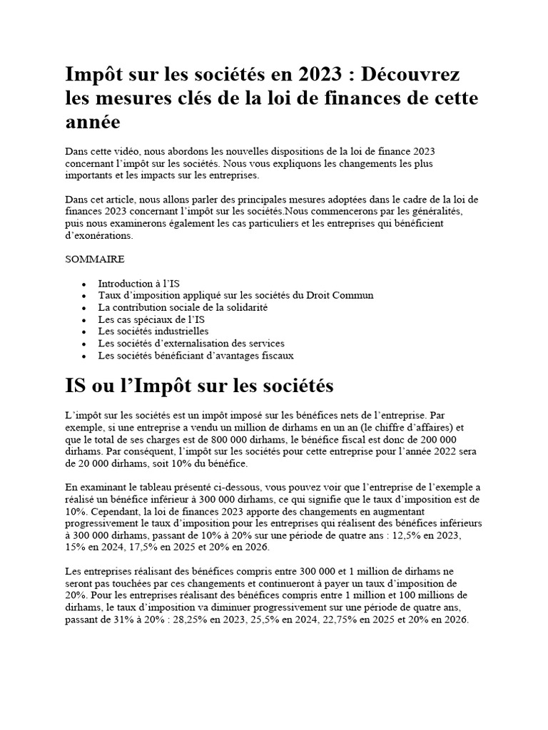 IS au Maroc : Changements 2023 | PDF | Taxe d'entreprise | Impôts
