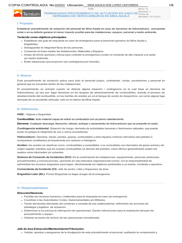PEMMAQ34003 PROCEDIMIENTO DE ACTUACIÓN EN CASO DE DERRAMES DE ...