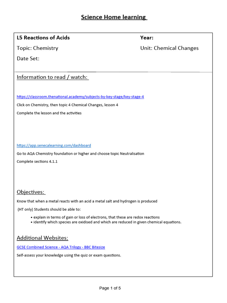 Acids and Metal Reactions Guide | PDF | Chemical Reactions ...