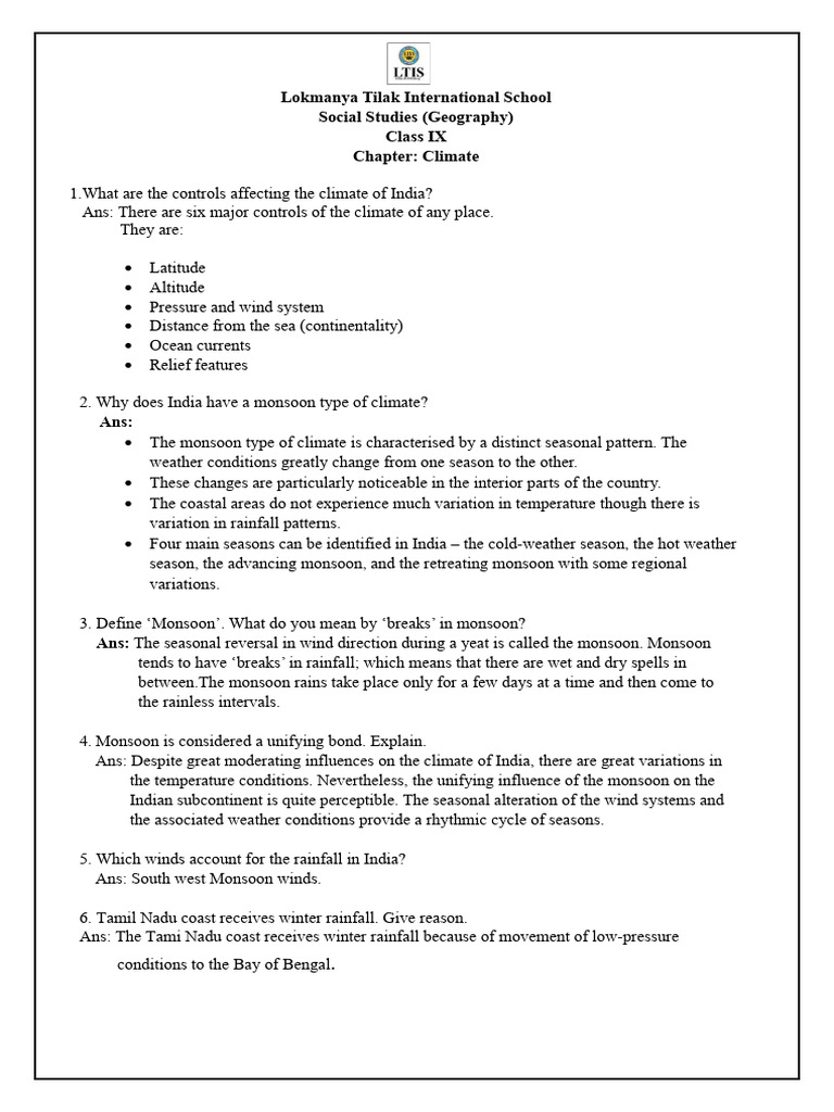 Notes Of Chapter Climate Pdf Monsoon Meteorology