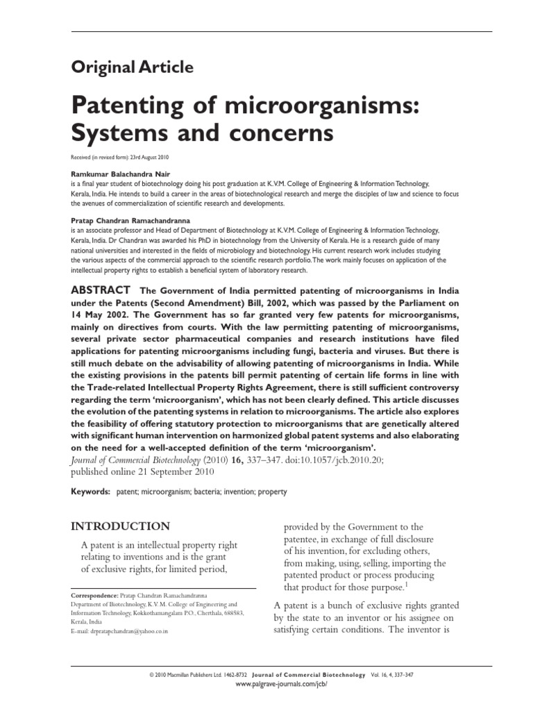 Patenting Microorganisms in India: Issues | PDF | Patent | Intellectual ...