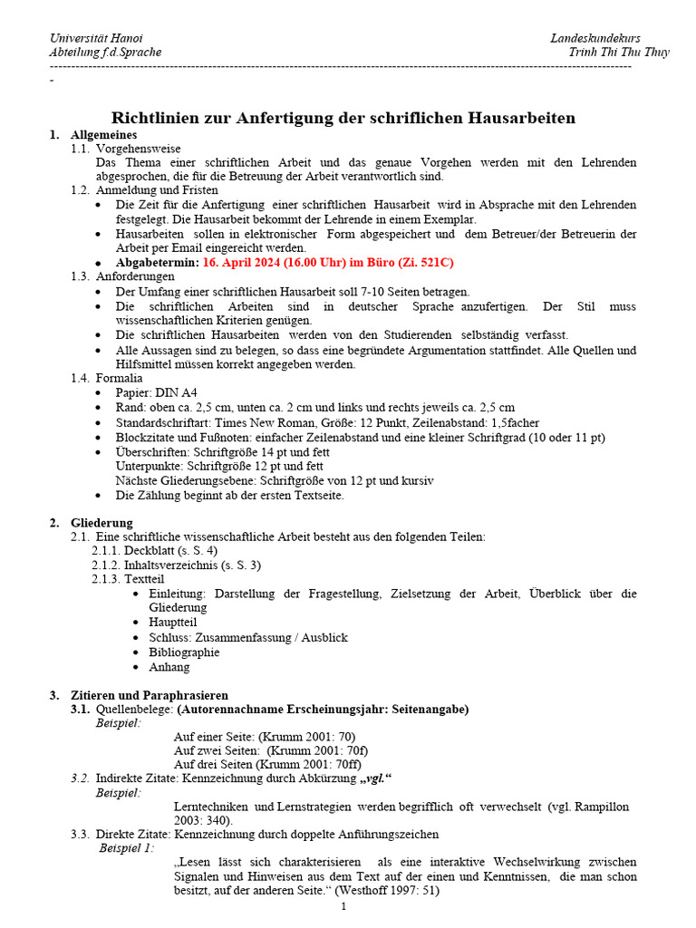 Hinweise Für Hausarbeit 2024 | PDF