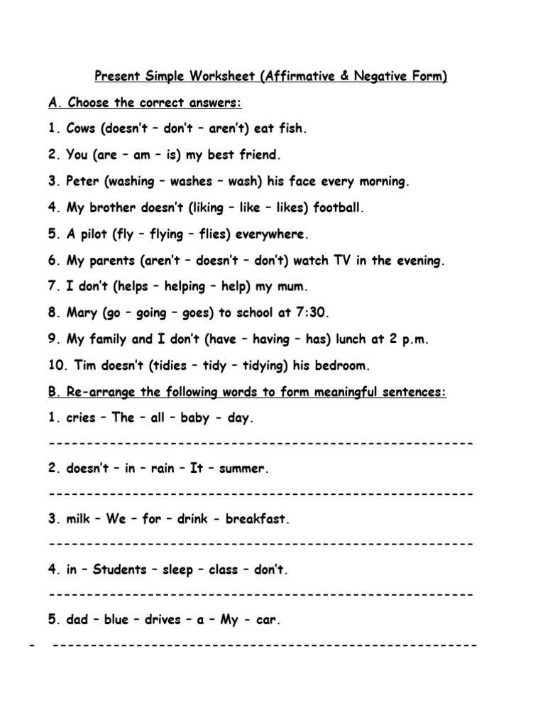 Present Simple Affirmative & Negative Worksheet | PDF