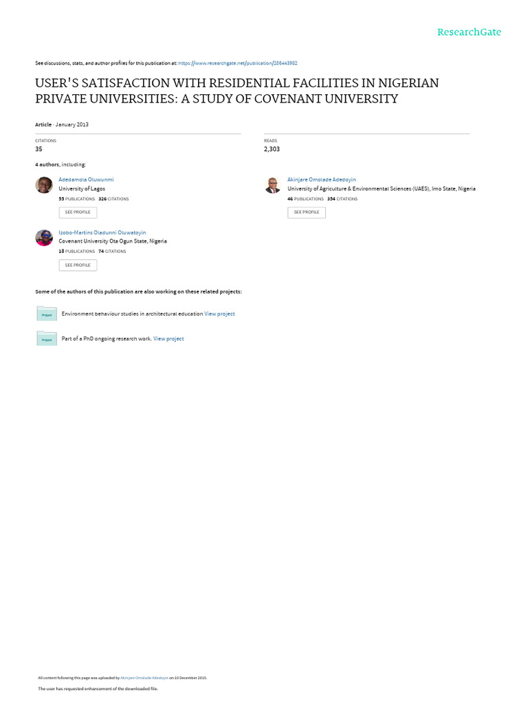 Covenant University Hostel Satisfaction Study | PDF | Customer ...