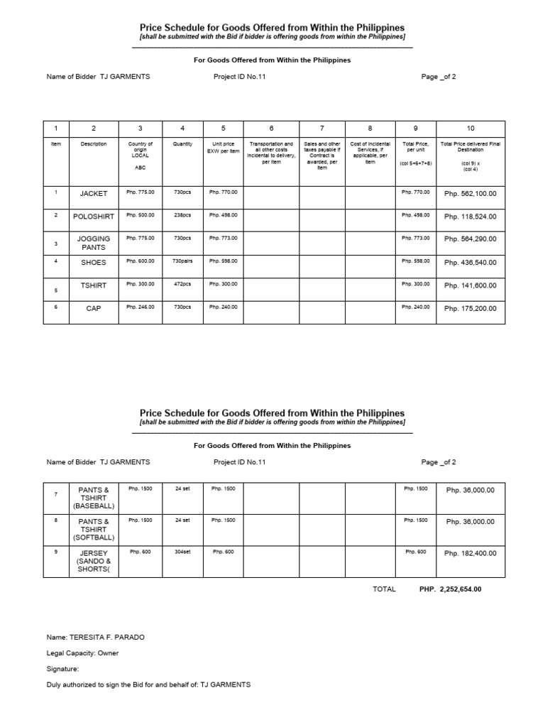 Price schedule for goods offered from within the philippines pdf