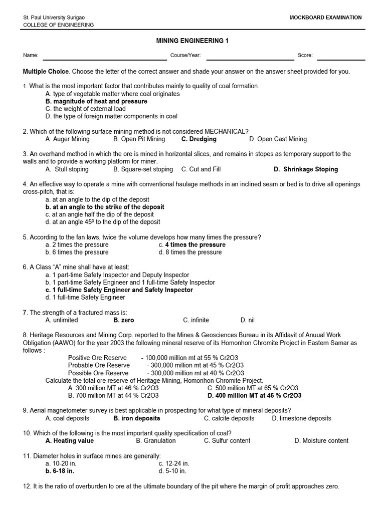 Mining Engineering Mock Exam Questions | PDF | Mining | Earth Sciences