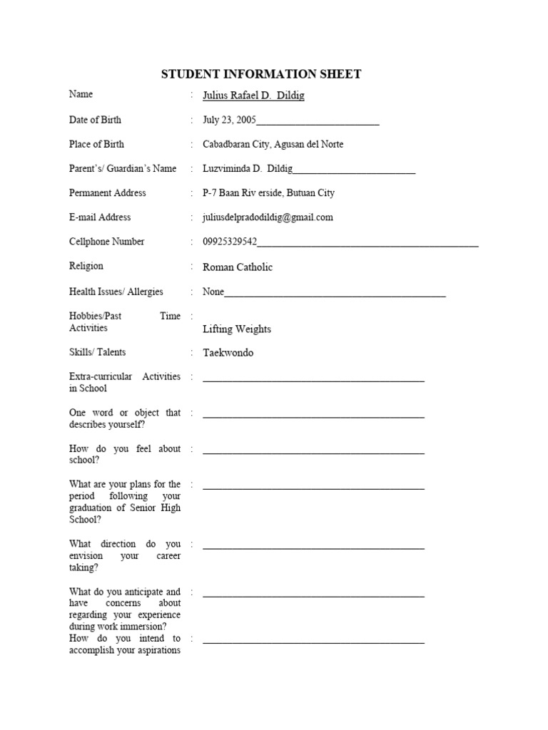 Student Information Sheet | PDF | Confidentiality | Employment