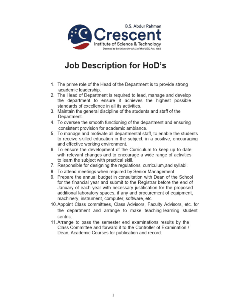 Head of Department Job Description | PDF | Curriculum | Dean (Education)