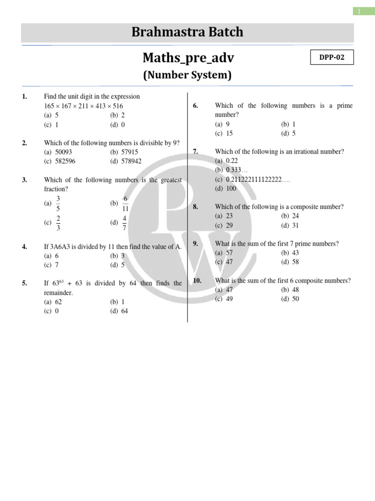Number System Practice Questions | PDF | Numbers | Prime Number