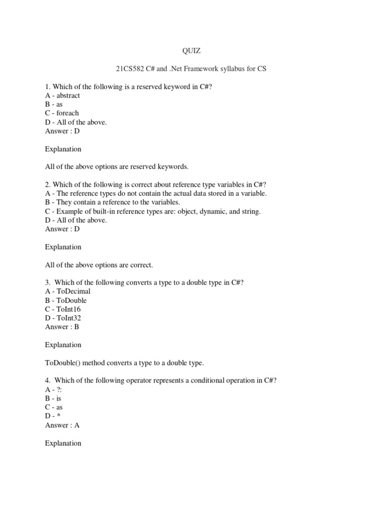 C MCQ Download Free PDF C Sharp (Programming Language) Class Programming)