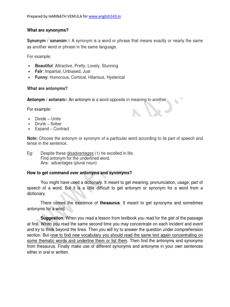 Synonyms and Antonyms Explained | PDF