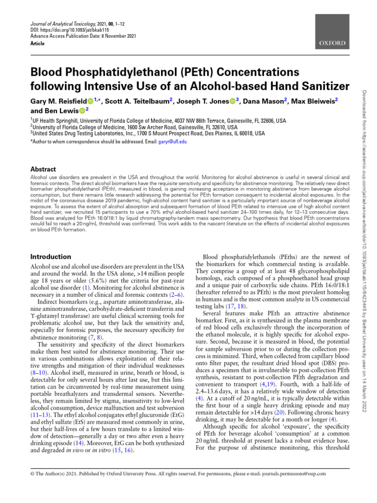 Blood PEth Levels from Hand Sanitizer Use | PDF | High Performance ...