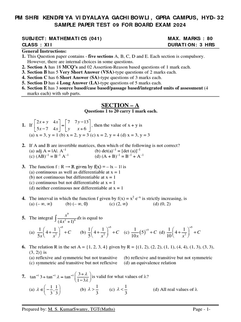 Class 12 Maths Sample Paper 2024 | PDF | Multiple Choice | Mathematics