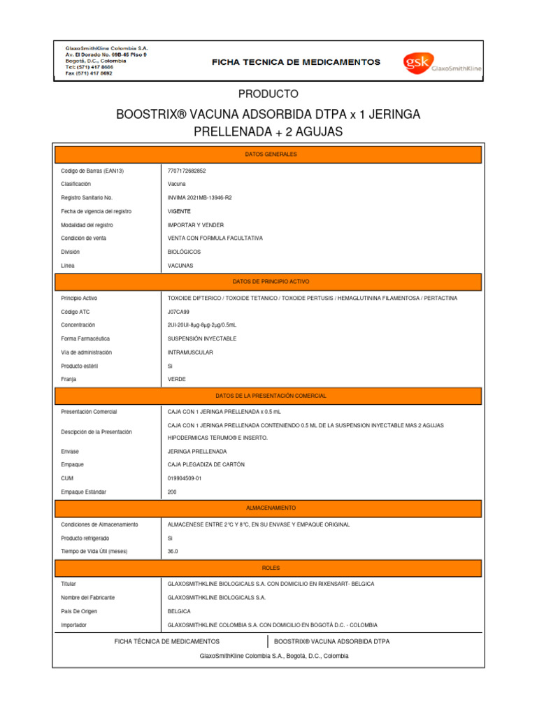 Ficha Técnica - Boostrix | PDF | Ciencias farmacéuticas | Farmacología