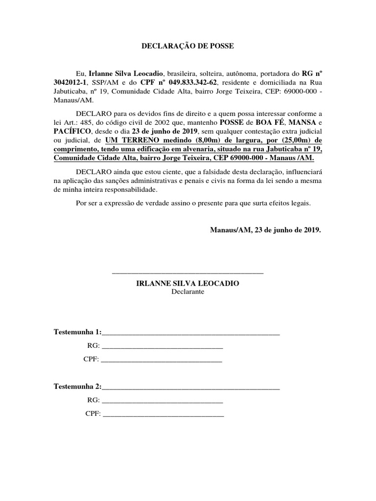Declaração De Posse Irlane Pdf
