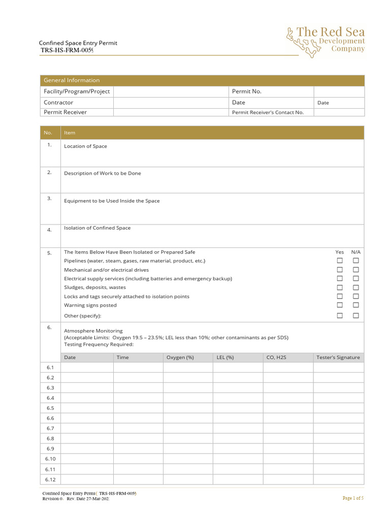 Confined Space Entry Permit 01 Download Free PDF Personal