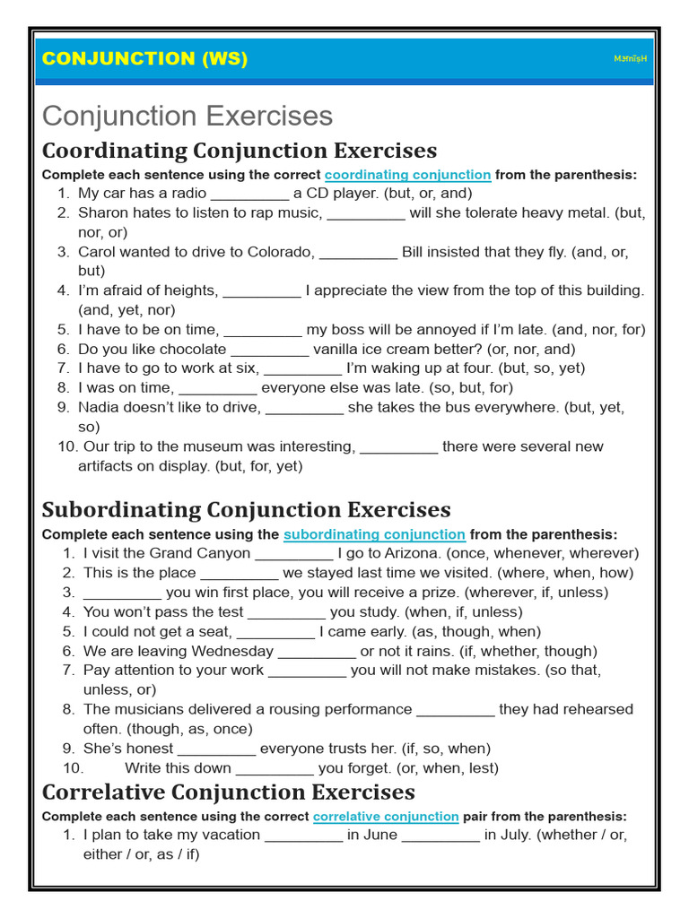 Conjunctions (Worksheet) PDF