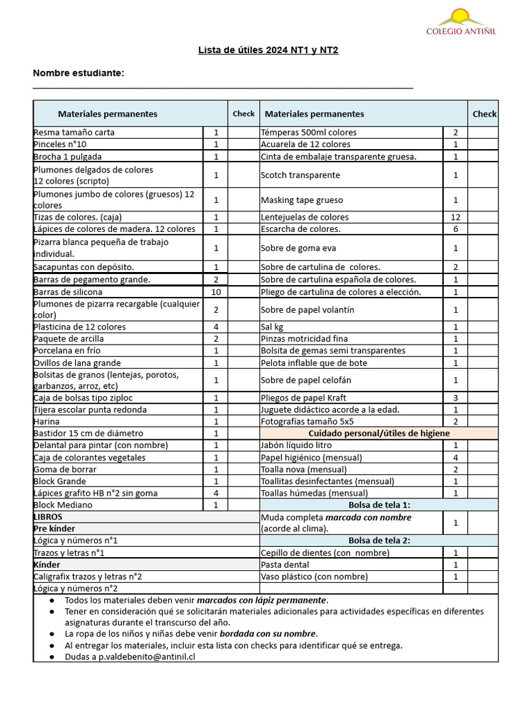 Lista Utiles PK - Kinder 2024. | PDF | Papelería | Materiales de ...