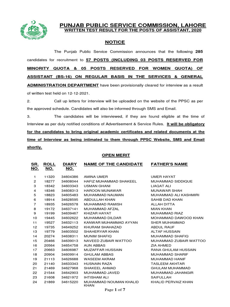 PPSC Assistant Written Test Results 2020 | PDF