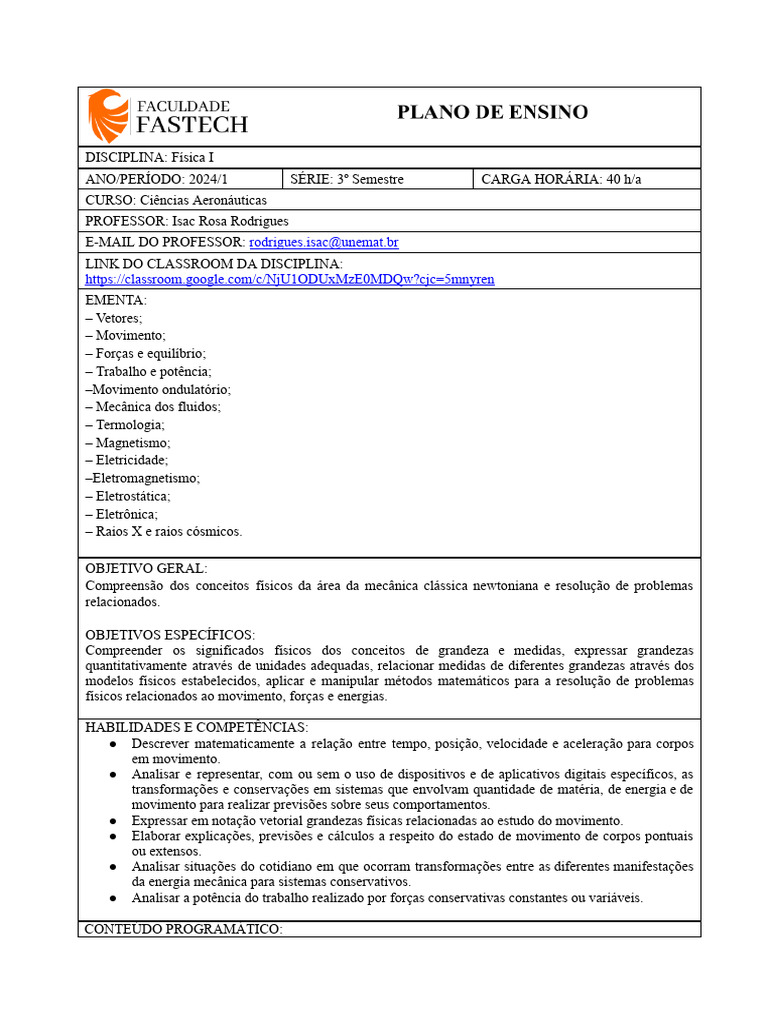 2024-1 - Plano de Ensino - 3º Sem. - Física I (Prof. Isac Rosa ...